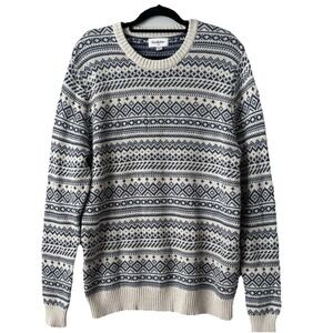 Mens Fair Isle Sweater 100% Cotton Navy Blue‎ Beige Sz L Grandpa Preppy Academia